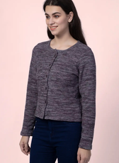Side view of the 'Liza' cardigan, displaying its structured yet comfortable fit. This sewing pattern is ideal for creating a timeless and stylish outerwear piece.