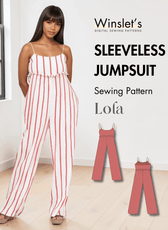 Woman wearing sleeveless striped jumpsuit sewing pattern with thin straps and wide-leg pants