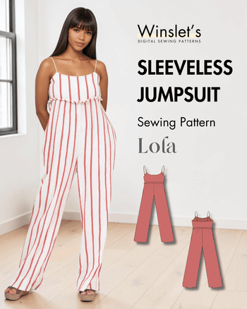 Woman wearing sleeveless striped jumpsuit sewing pattern with thin straps and wide-leg pants