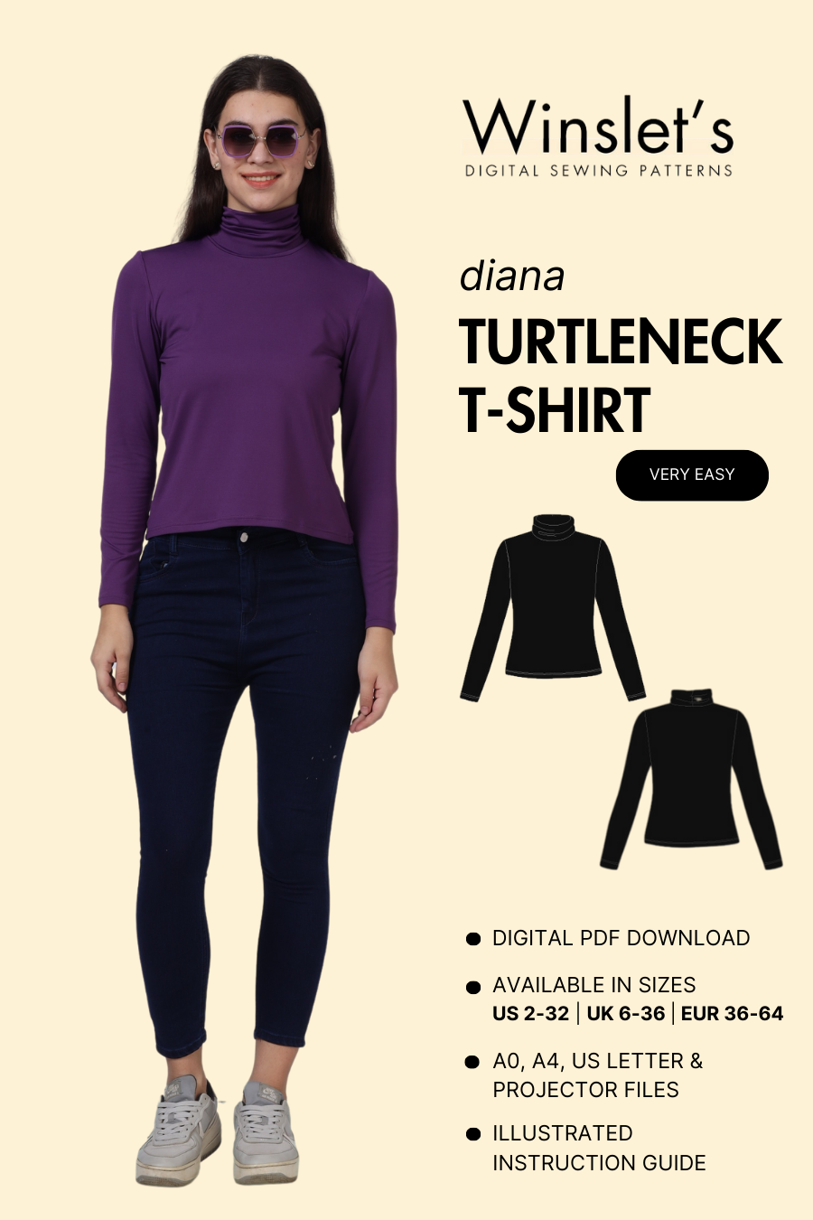 Turtleneck T-Shirt Sewing Pattern 'Diana' from Winslet's, beginner-friendly digital PDF pattern. Includes A0, A4, Letter, and projector files.