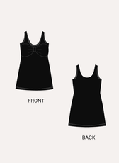 Black sleeveless bow dress sewing pattern with front and back views