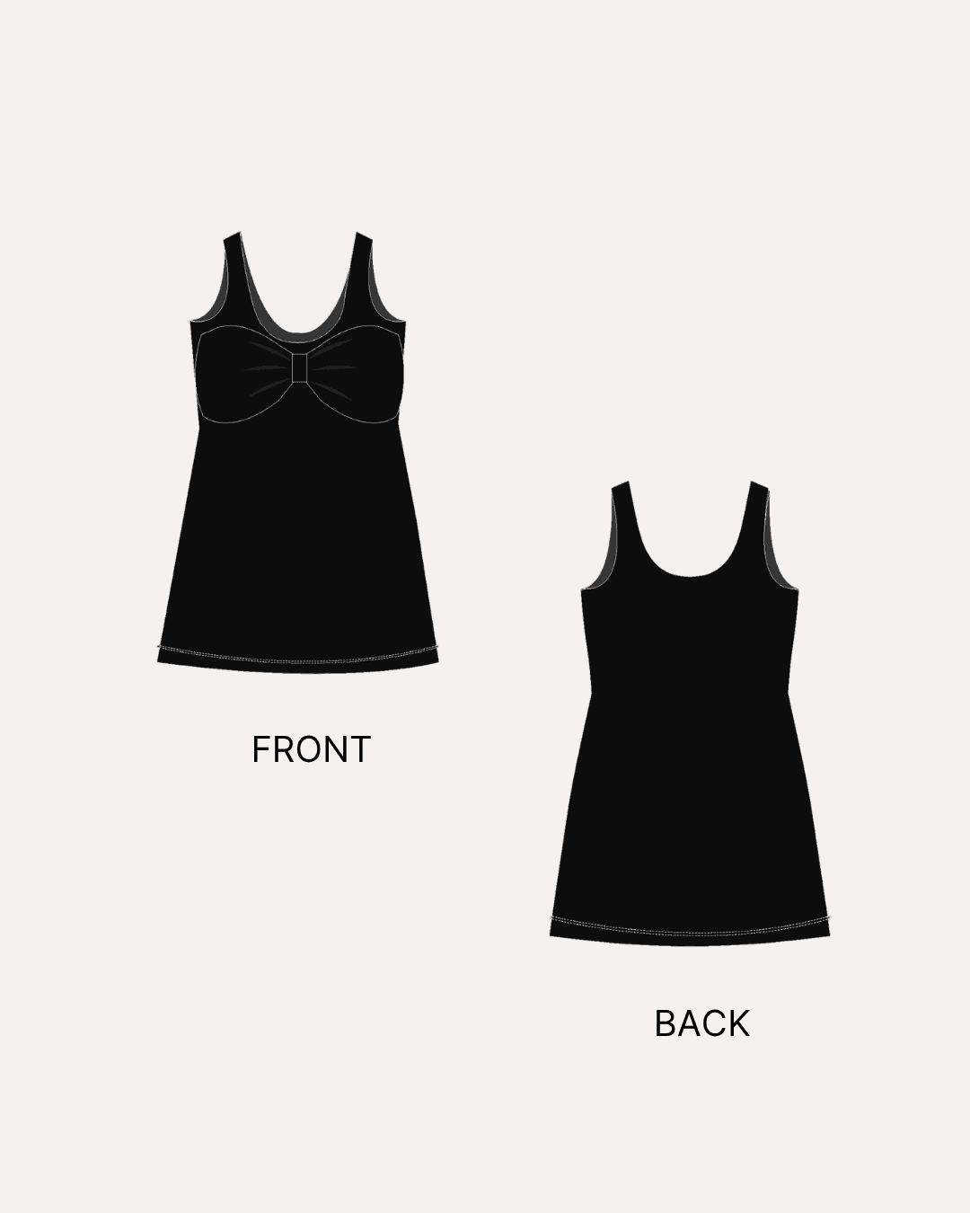 Black sleeveless bow dress sewing pattern with front and back views