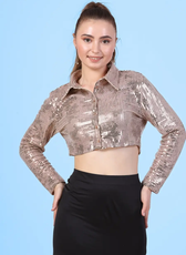 Close up of a model wearing a crop shirt with a straight hem and full-length sleeves sewed with winslet's patterns
