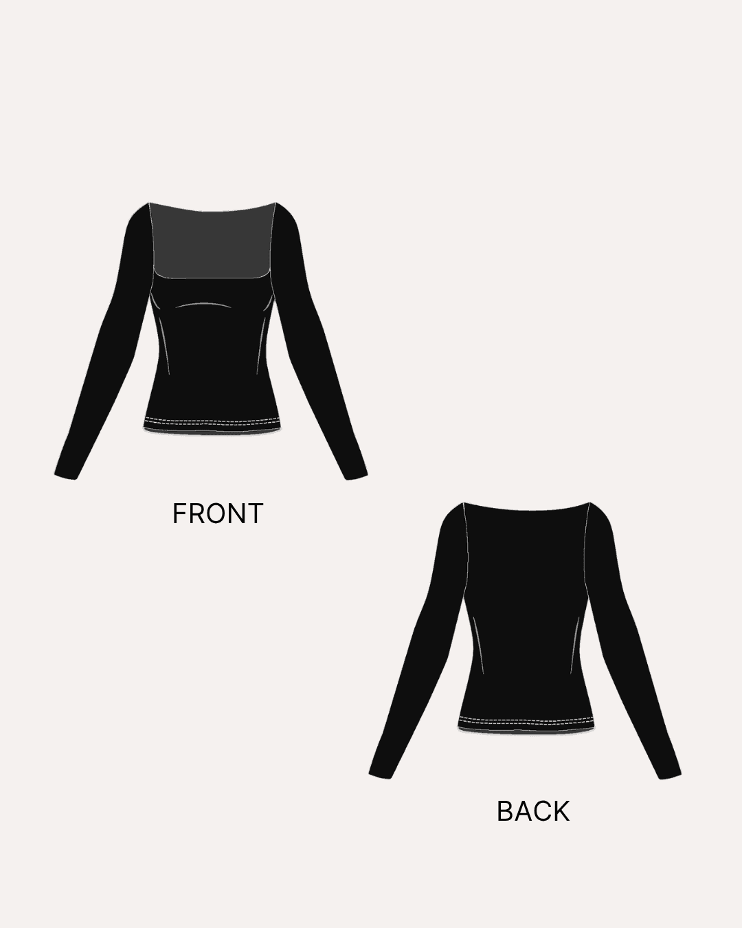 Black long sleeve square neck crop top sewing pattern front and back views