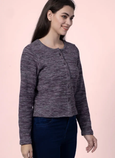 Angled side view of the 'Liza' cardigan, emphasizing its long sleeves and button-up closure. A versatile sewing pattern for casual and polished looks.