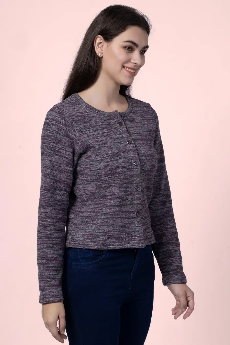 Angled side view of the 'Liza' cardigan, emphasizing its long sleeves and button-up closure. A versatile sewing pattern for casual and polished looks.