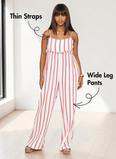 Woman wearing sleeveless striped jumpsuit sewing pattern with thin straps and wide-leg pants, front view