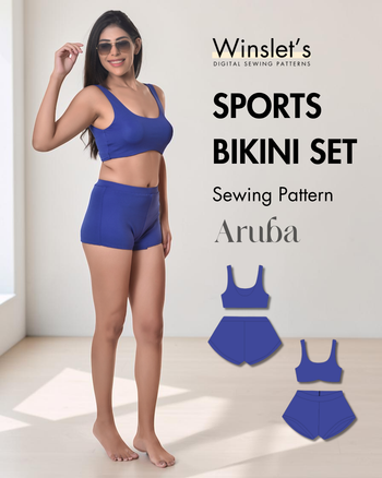 Winslet's Aruba sports bikini set sewing pattern cover: model in a blue sports bikini top and shortie bottoms
