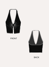Halter neck crop top sewing pattern with front and back views, black with keyhole detail, suitable for arts and crafts sewing patterns