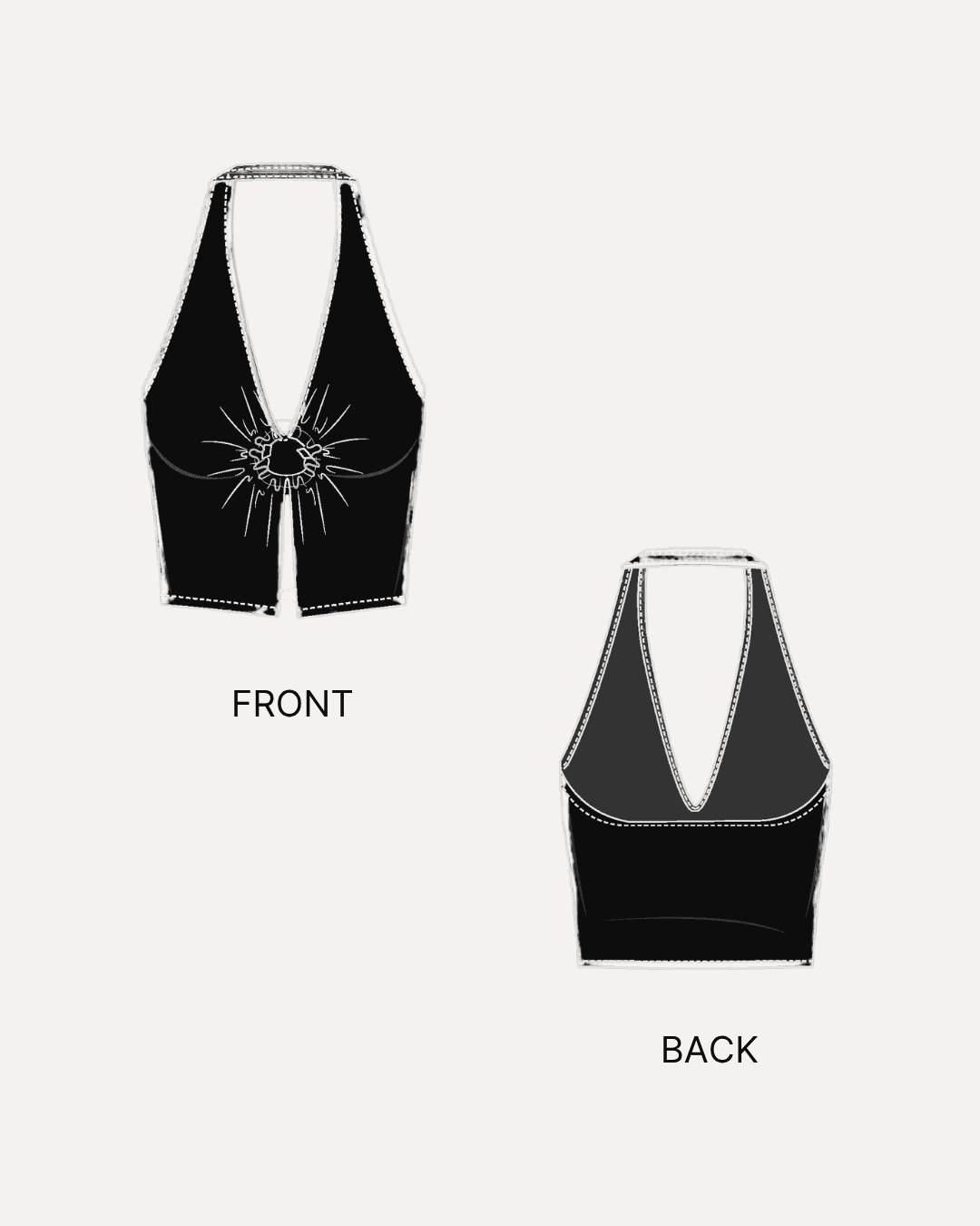 Halter neck crop top sewing pattern with front and back views, black with keyhole detail, suitable for arts and crafts sewing patterns
