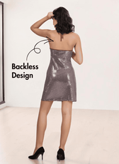 Back view of women's sequined halter mini dress with backless design, sewing pattern