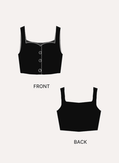 Front and back sewing pattern illustrations for women's waistcoat crop top 'Harper' with button closure, sleeveless design, fitted style, arts and entertainment