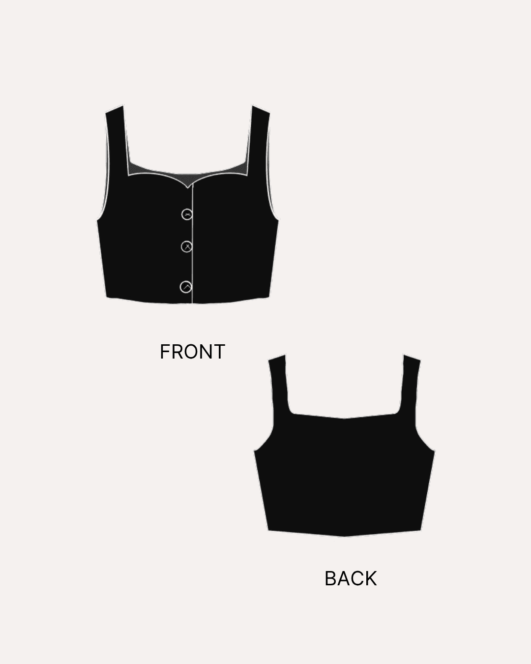 Front and back sewing pattern illustrations for women's waistcoat crop top 'Harper' with button closure, sleeveless design, fitted style, arts and entertainment