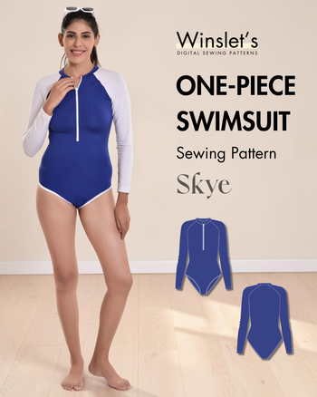 Winslet's Skye one piece swimsuit sewing pattern cover: model in a blue long-sleeve swimsuit