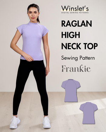 Winslet's Frankie raglan high neck top sewing pattern cover: model in a lilac top with black leggings