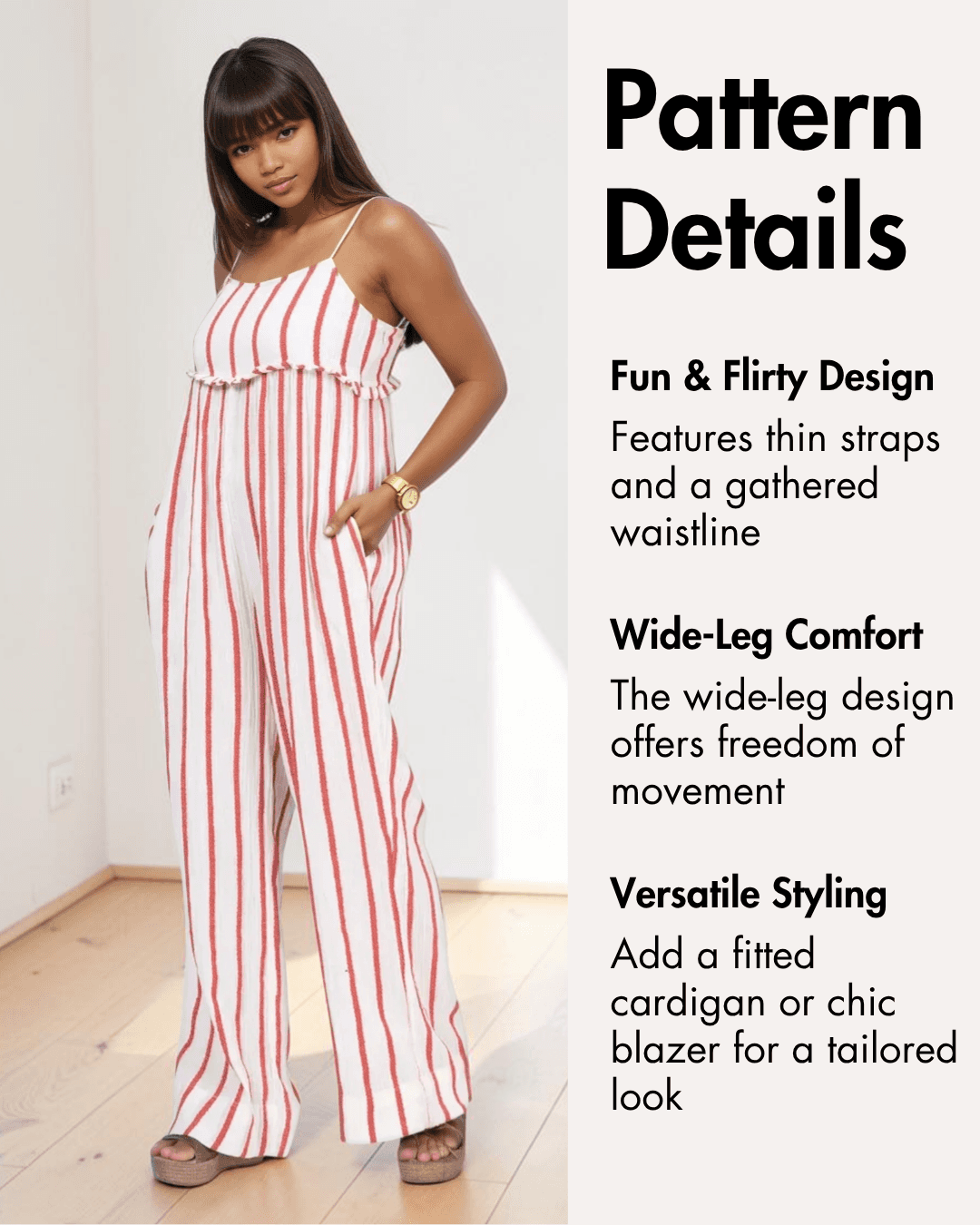 Pattern details of sleeveless jumpsuit with fun and flirty stripe design and gathered waistline