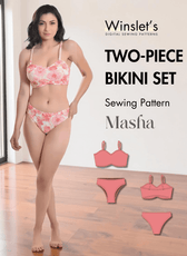 Pink floral bikini sewing pattern with top and Brazilian bottoms
