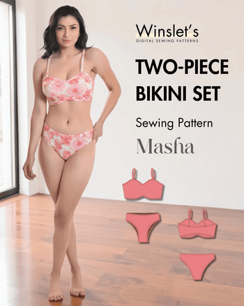 Pink floral bikini sewing pattern with top and Brazilian bottoms