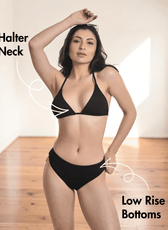 Model wearing black triangle bikini with tie-string straps and low-rise bottoms