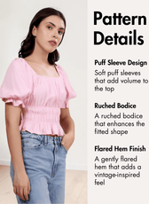 pink cottagecore top with puff sleeves, ruched bodice, and flared hem - Sewing Pattern Details