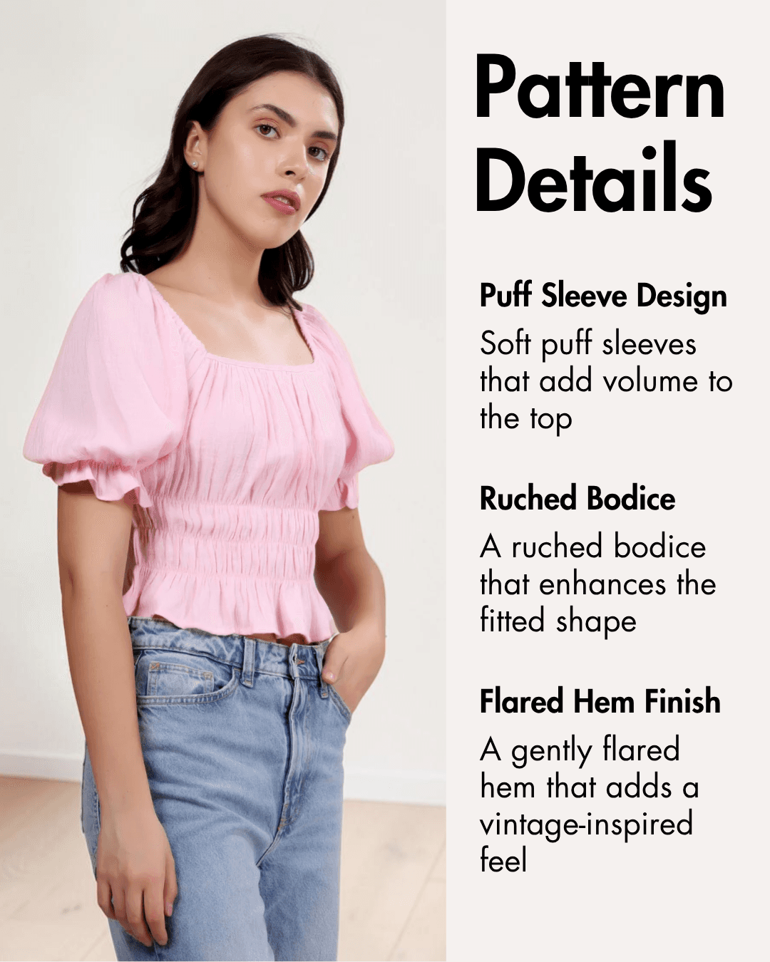 pink cottagecore top with puff sleeves, ruched bodice, and flared hem - Sewing Pattern Details