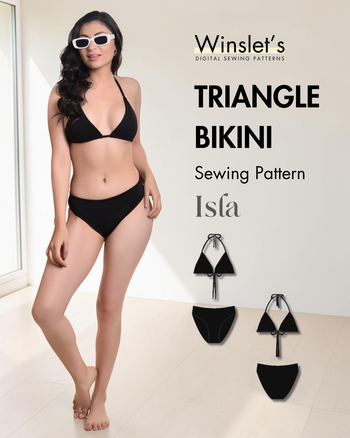 Winslet's Isla triangle bikini sewing pattern cover: model in a black triangle bikini