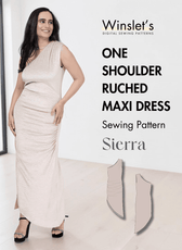 Model wearing one shoulder ruched maxi dress with asymmetric hem
