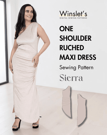 Model wearing one shoulder ruched maxi dress with asymmetric hem