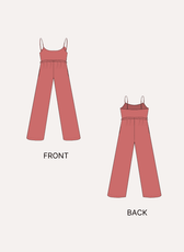 Sewing pattern for sleeveless jumpsuit 'Lola' with front and back views, pink fabric illustration