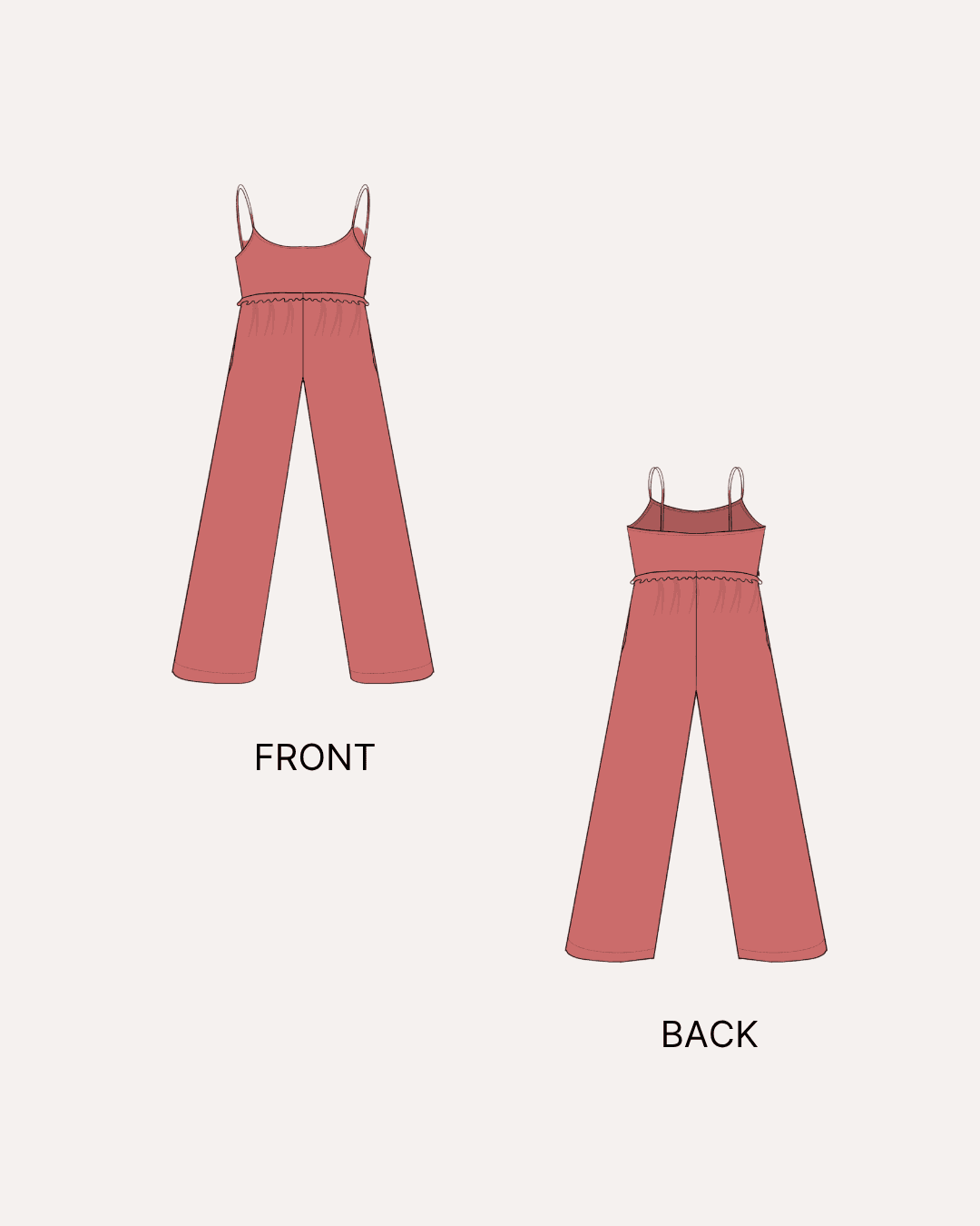 Sewing pattern for sleeveless jumpsuit 'Lola' with front and back views, pink fabric illustration