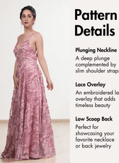 Pink floral lace evening gown with plunging neckline and low back, pattern details