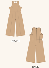 Technical illustration of the Vivian Jumpsuit Pattern, displaying front and back views with seam details and structured design.