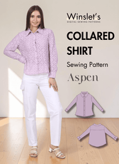 Women wearing pink lace collared shirt with white pants, showcasing sewing pattern 'Aspen' for crafting patterns & molds