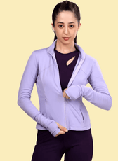Close-up of the Venus sports jacket with a full zip closure and thumbhole cuffs, designed for comfort and flexibility in activewear.