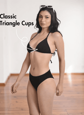 Close-up of classic triangle bikini cups with tie-string straps