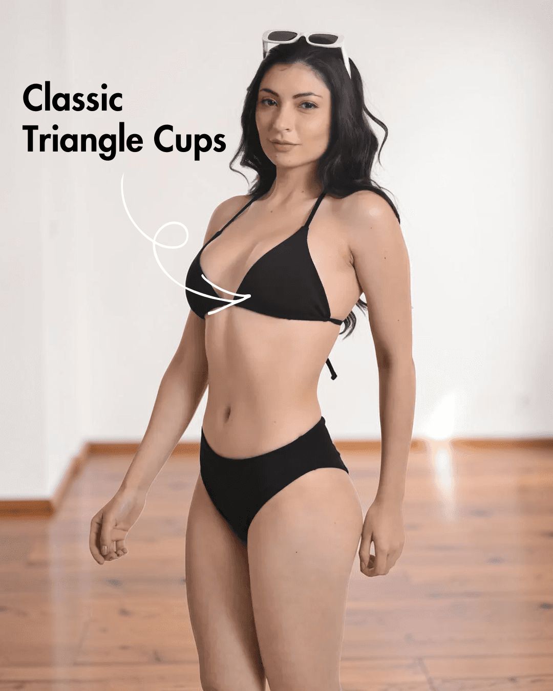 Close-up of classic triangle bikini cups with tie-string straps