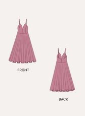 Size guide chart for women's evening dress sewing pattern with measurements and fabric yardage