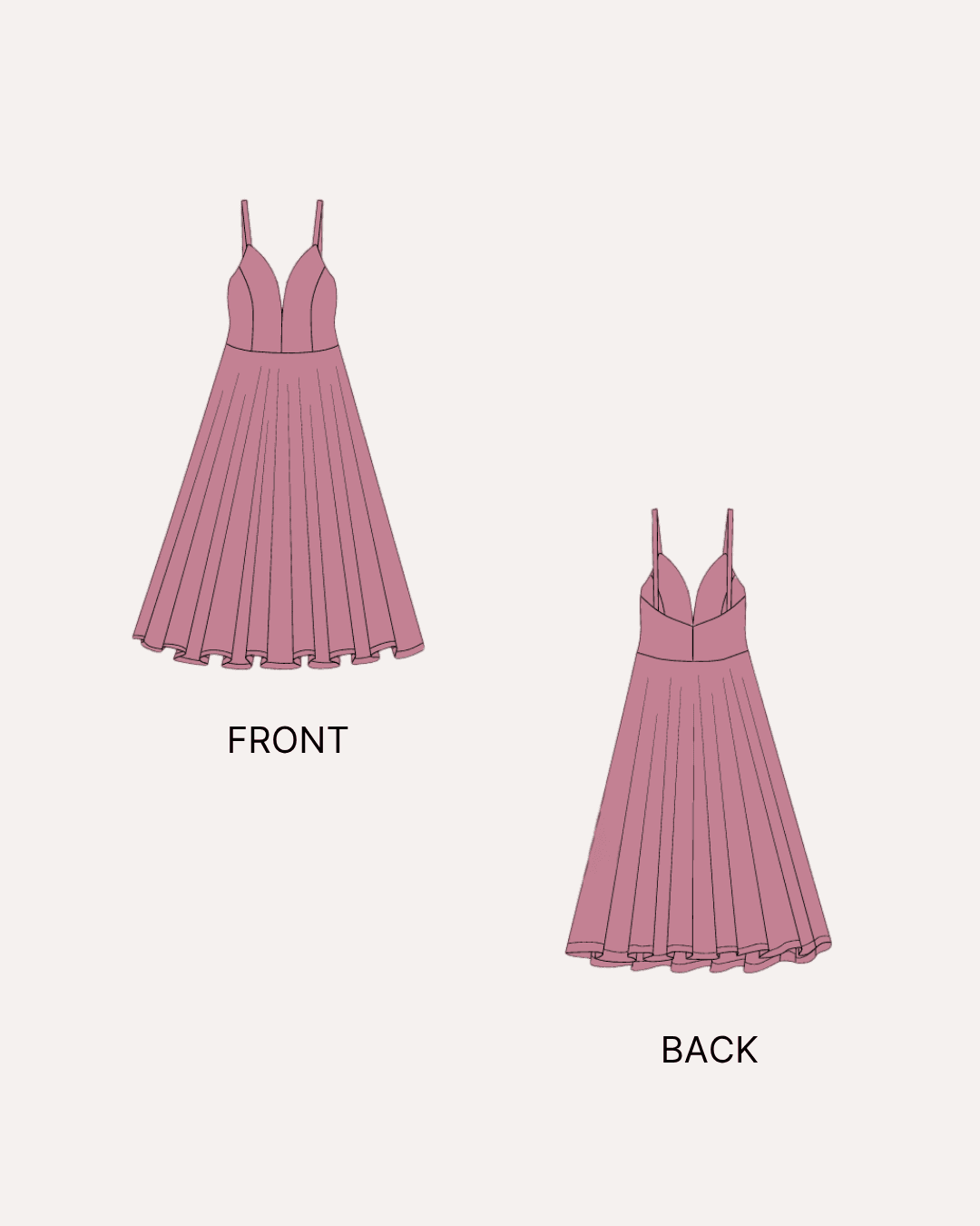 Size guide chart for women's evening dress sewing pattern with measurements and fabric yardage