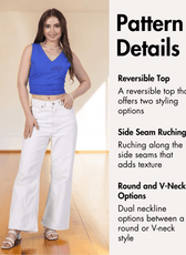 Pattern details and size guide for 'Luna' reversible ruched top sewing pattern