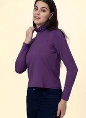 Side view of the 'Diana' turtleneck T-shirt, highlighting the snug fit and elegant neckline. Ideal for layering or standalone wear.