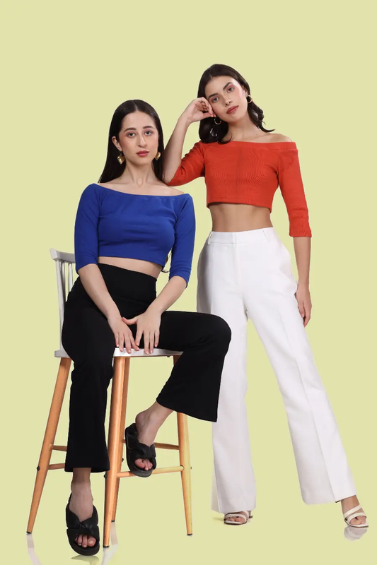 Image of two models wearing Off Shoulder Tops sewed with Winslet's sewing pattern