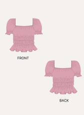 Illustration of front and back views of pink puff-sleeve cottagecore blouse pattern