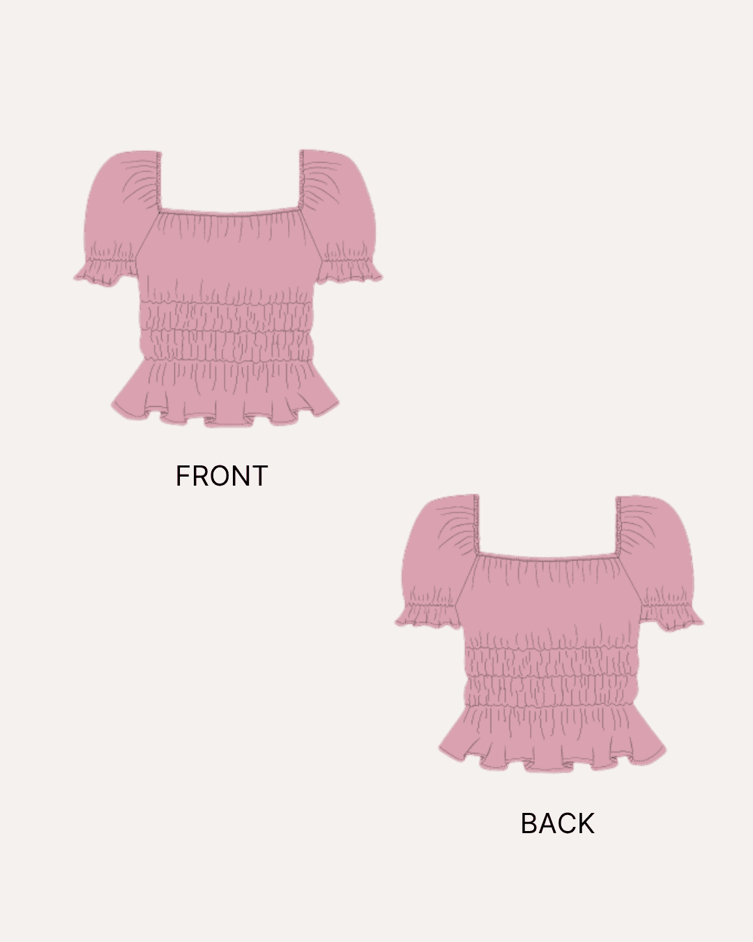 Illustration of front and back views of pink puff-sleeve cottagecore blouse pattern