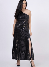 Elegant black one-shoulder maxi dress with a thigh-high slit, made from sequined fabric. Digital sewing pattern for beginners in US sizes 2-18.