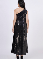 Back view of a black sequined one-shoulder maxi dress, showcasing its elegant drape. Digital sewing pattern includes multiple size options.