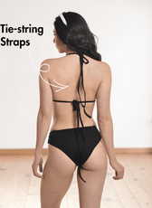 Back view of Close-up of classic triangle bikini cups with tie-string straps