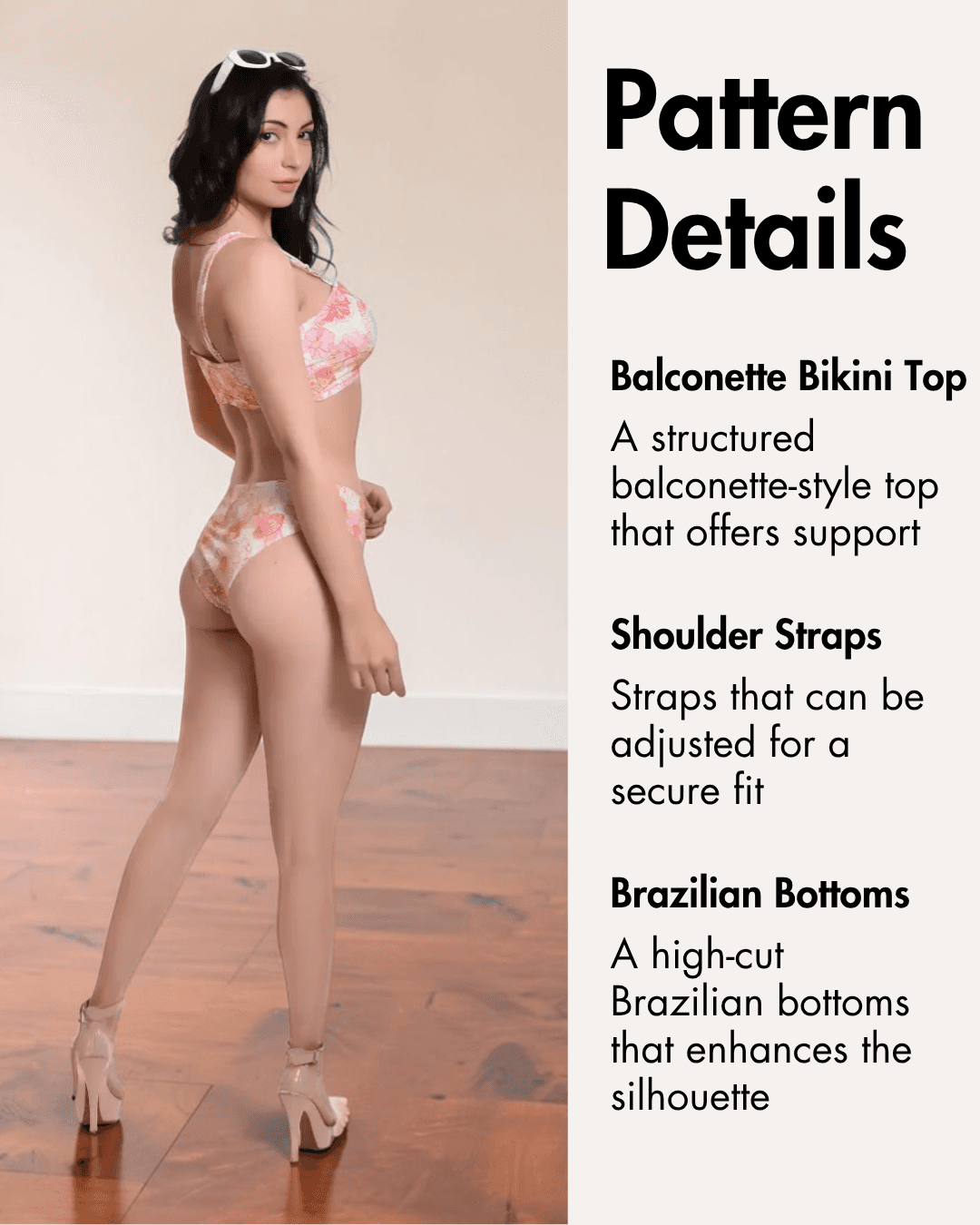 Pattern details for balconette bikini top with adjustable shoulder straps and Brazilian bottoms