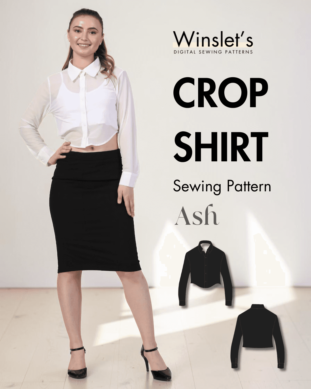 White cropped shirt with classic point collar and long sleeves