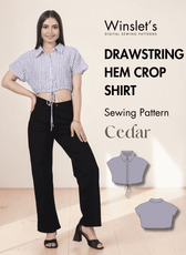 Women wearing blue striped cropped shirt with drawstring hem sewing pattern