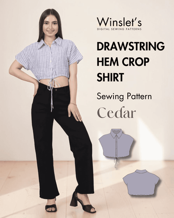 Women wearing blue striped cropped shirt with drawstring hem sewing pattern